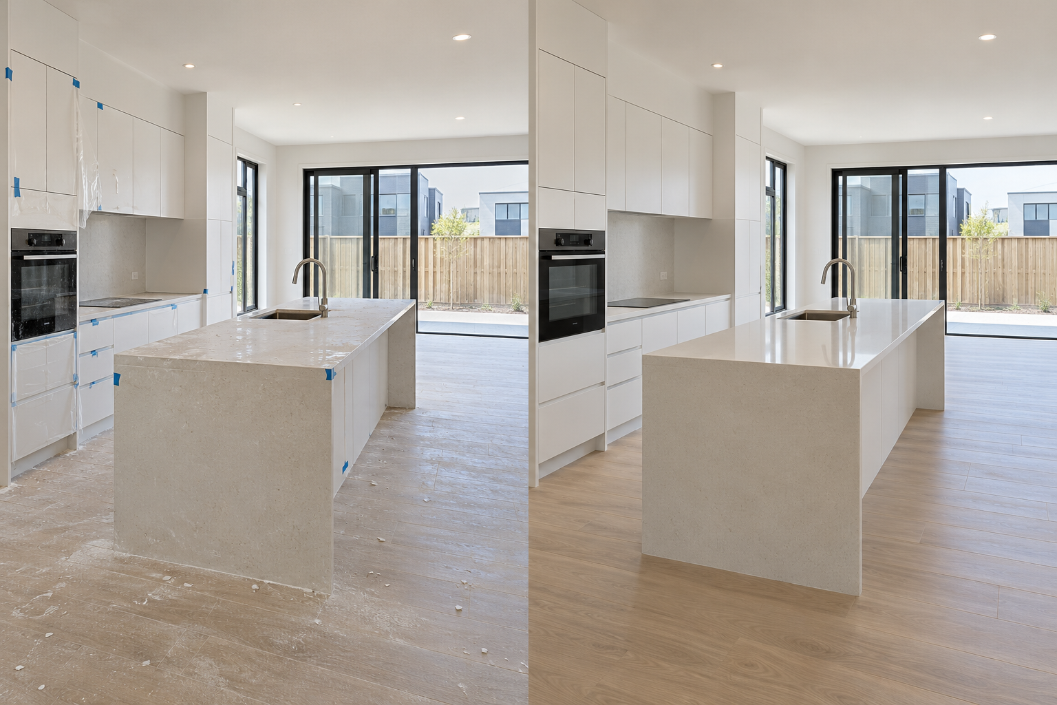 AI-generated comparison of the same unfurnished new-build kitchen: construction dust and protective tape before cleaning, and clean floors, benches and glazing afterwards.